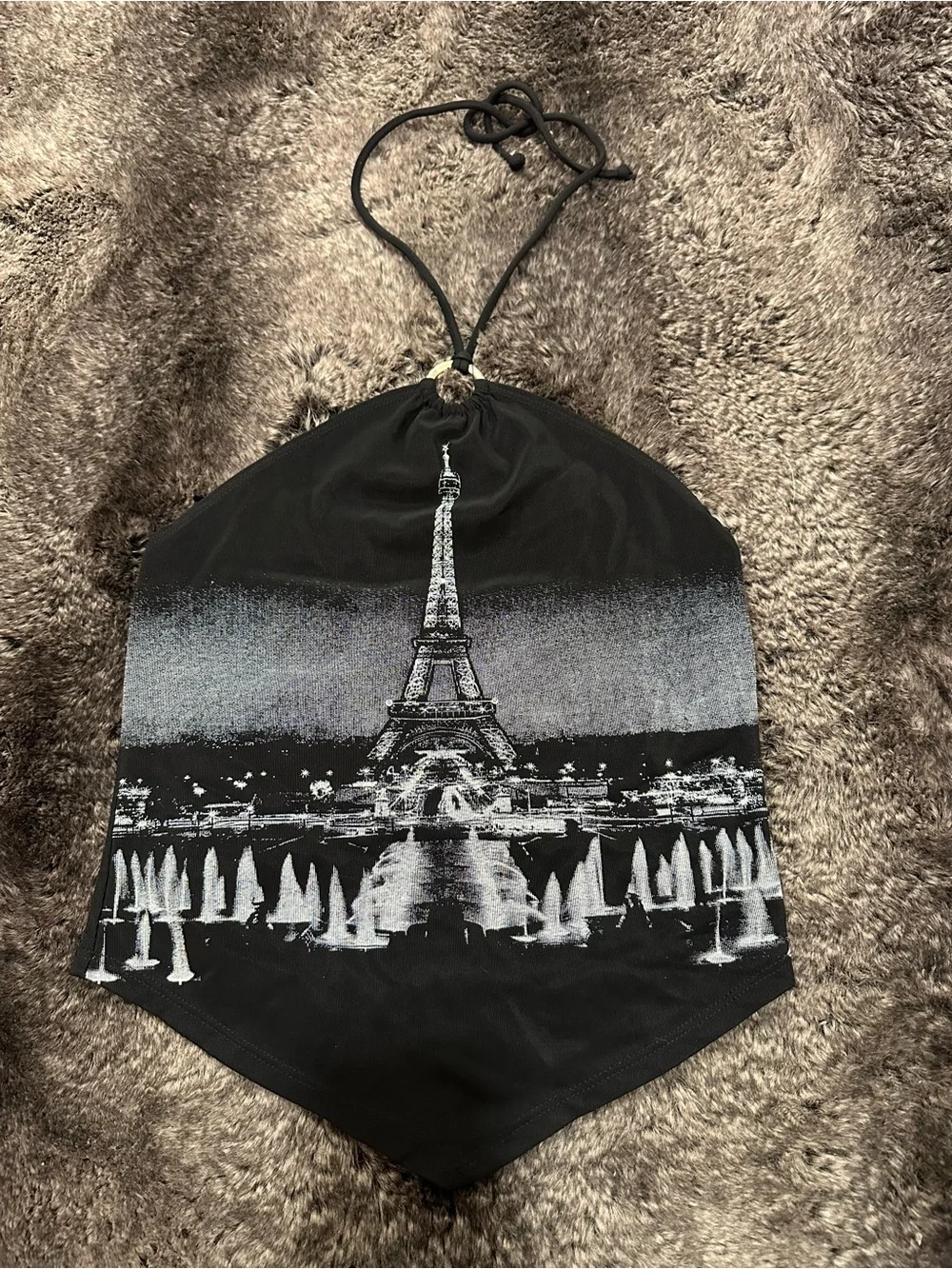 VTG TEAM USA Black Silver Beaded Eiffel Tower Paris Halter Crop Top Sz L Mcbling